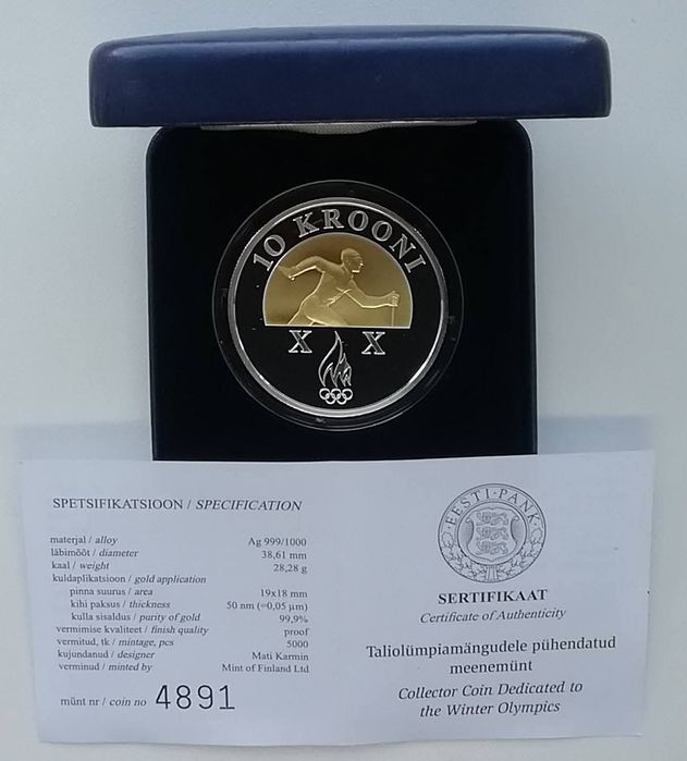 Естонія 10 євро 2006р. Зимові олімпійські ігри. СРІБЛО. ПРУФ. Сертифік