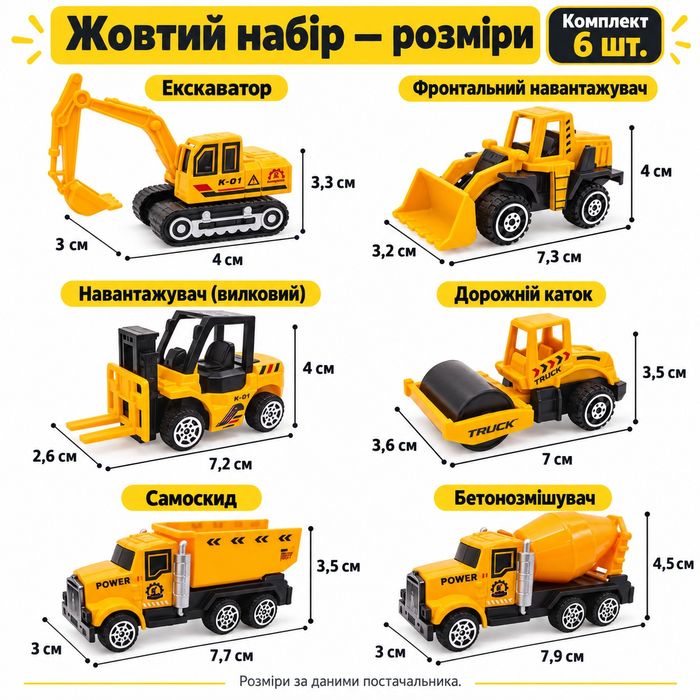 Набір будівельних машинок 6 шт — міні спецтехніка