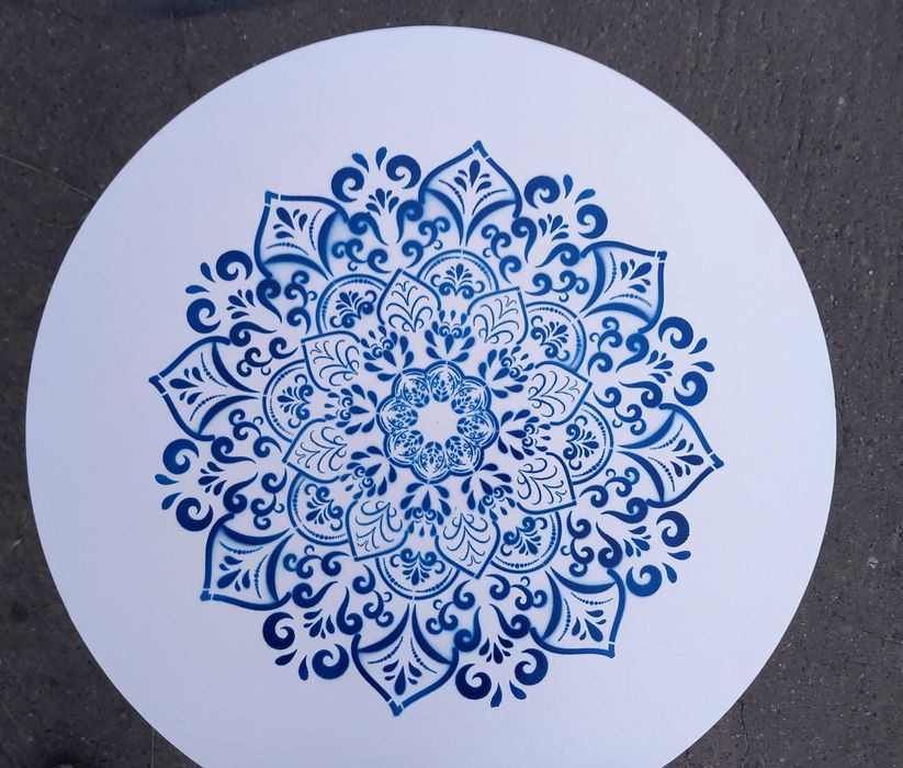 Oryginalny stolik ze szpuli drewnianej mandala śr.40 wys.39,5cm RĘKODZIEŁO