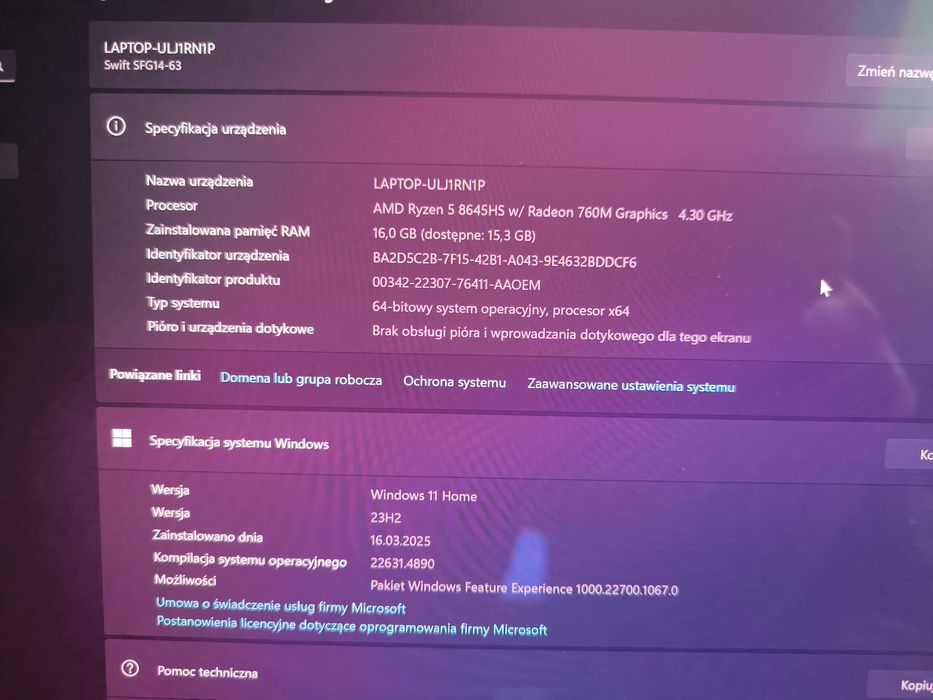 Laptop Acer Swift Go 14 Ryzen 5 16 gb RAM 512 GB SSD ekran 14"