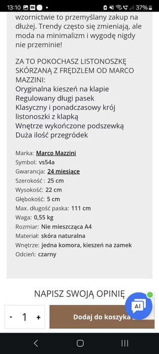 Nowa torebka Marco Mazzini czarną skórzana przez ramię z ch