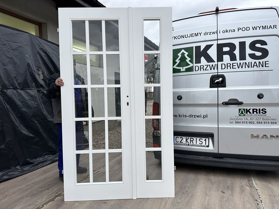 Drzwi wewnętrzne lite drewniane OD RĘKI białe dwuskrzydłowe Francuskie