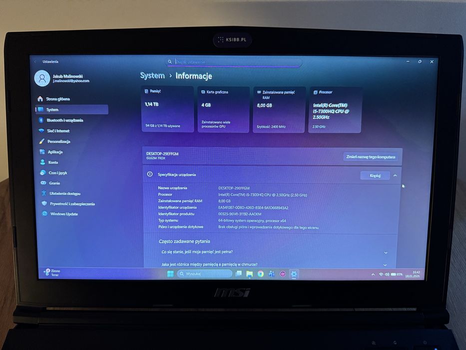 Laptop MSI GL62M 7RDX Gaming/Windows11/SSD/GTX1050-4GB/i5-7th