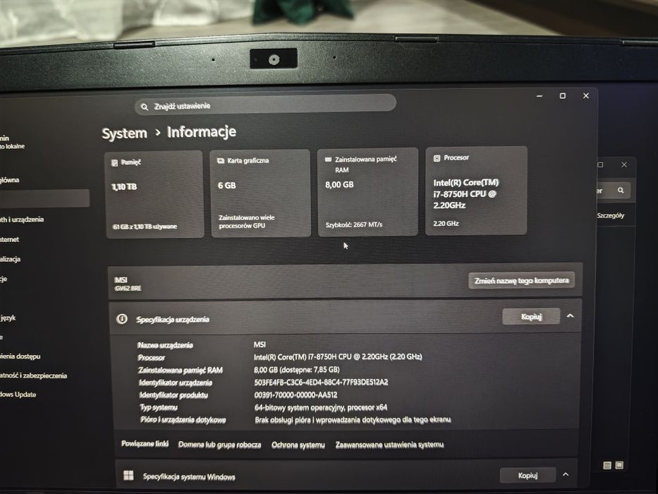 Laptop MSI GV62 8RE Core I7/8GB/GTX1060 6GB/SSD+HDD