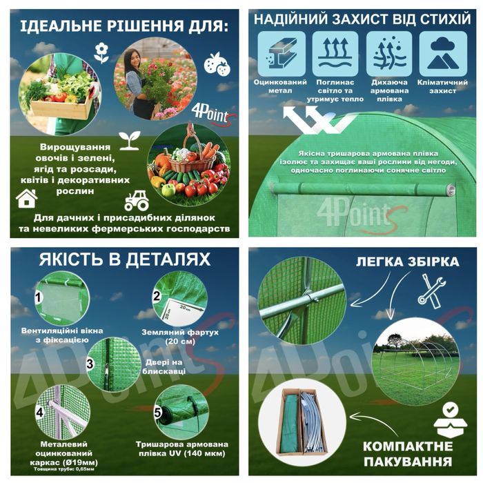 Теплиця садова/парник 6,10,18,24,30,36м² (труба 19/24мм, армов.плівка)