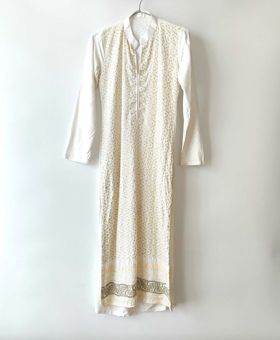 Długa tunika indyjska S 36 biała bawełna boho hippie etno kameez haft