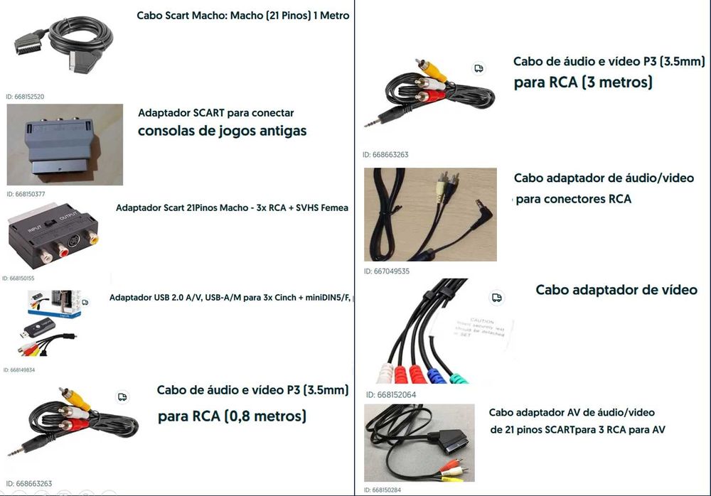 Pacote com 9 cabos ou adaptadores RCA (vídeo)