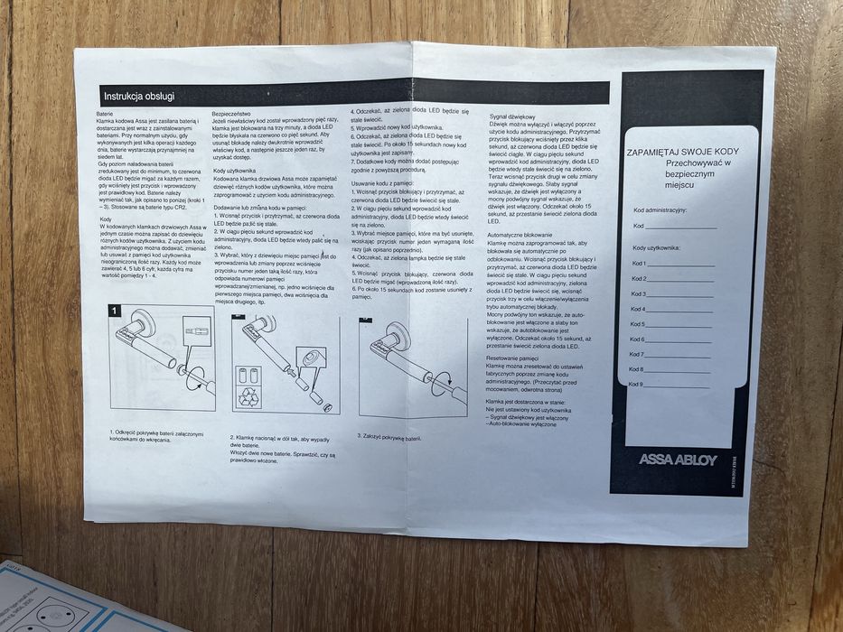 Klamka elektroniczna Assa Abloy z kodem PIN - nowa