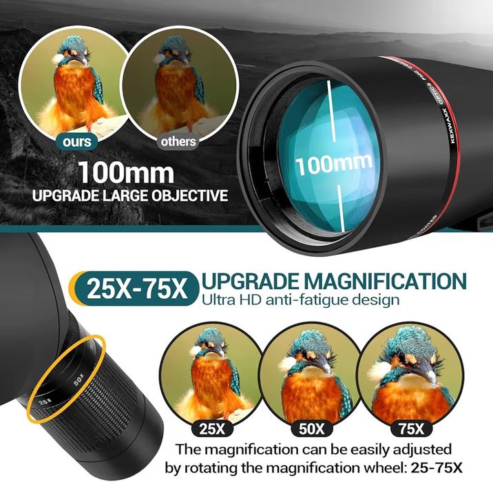 Telescópio terrestre potente 100 mm 25-75X zoom impermeável FMC BAK4 p