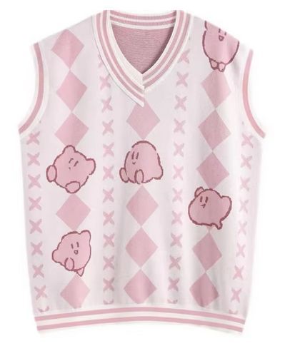 Damski Sweter Uczennicy Anime, Motyw Kirby Kamizelka w Romby - XL