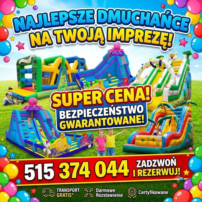 Dmuchańce, zjeżdżalnie dmuchane, tory przeszkód, kule wodne