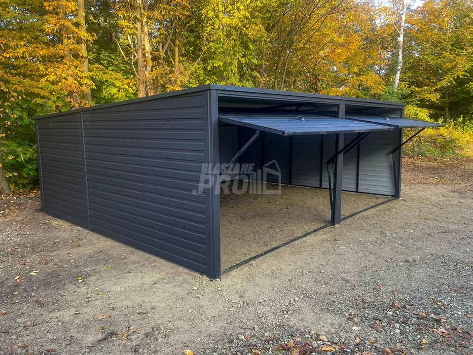 Garaż Blaszany 6x5m - 2x brama uchylna - antracyt  spad w tył GP523