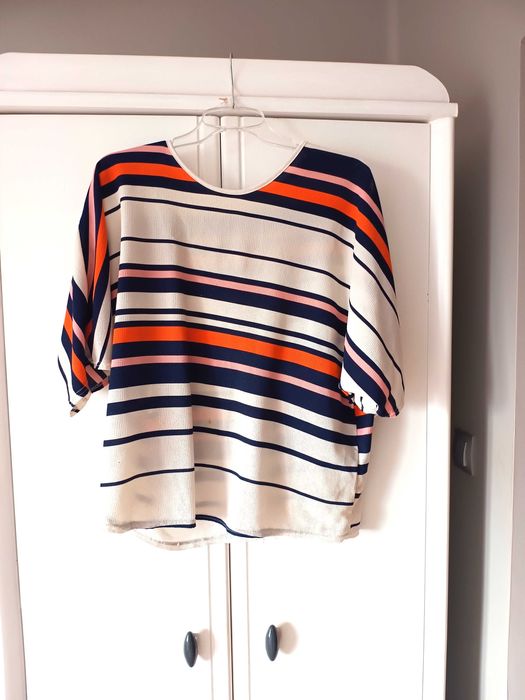 biala bluzka w paski t-shirt z krótkim rękawem 40 42XL pasy t-shirt