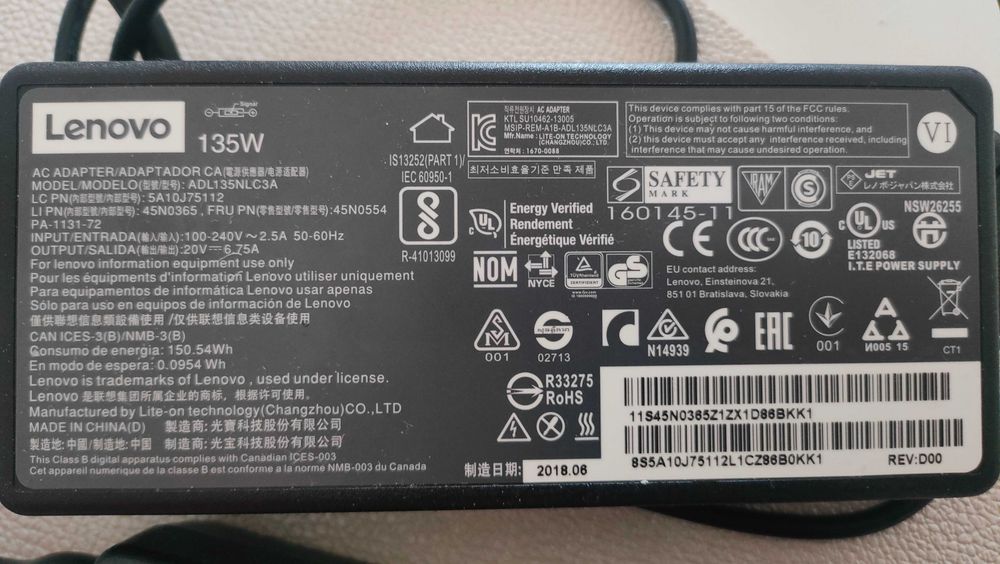 Zasilacz Oryginalny Lenovo 135W 20V 6,75A