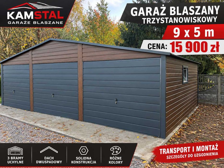 Garaż blaszany 9x5 drewnopodobny GRATIS garaże blaszane Wiata blaszana blaszak Konstrukcja z Profili zamkniętych