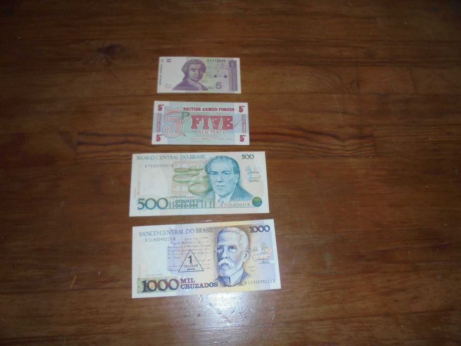cztery banknoty Anglia Brazylia i Chorwacja b260