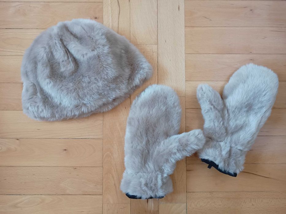 Czapka damska puchata brązowa ciepła zima Reserved + rękawiczki gratis