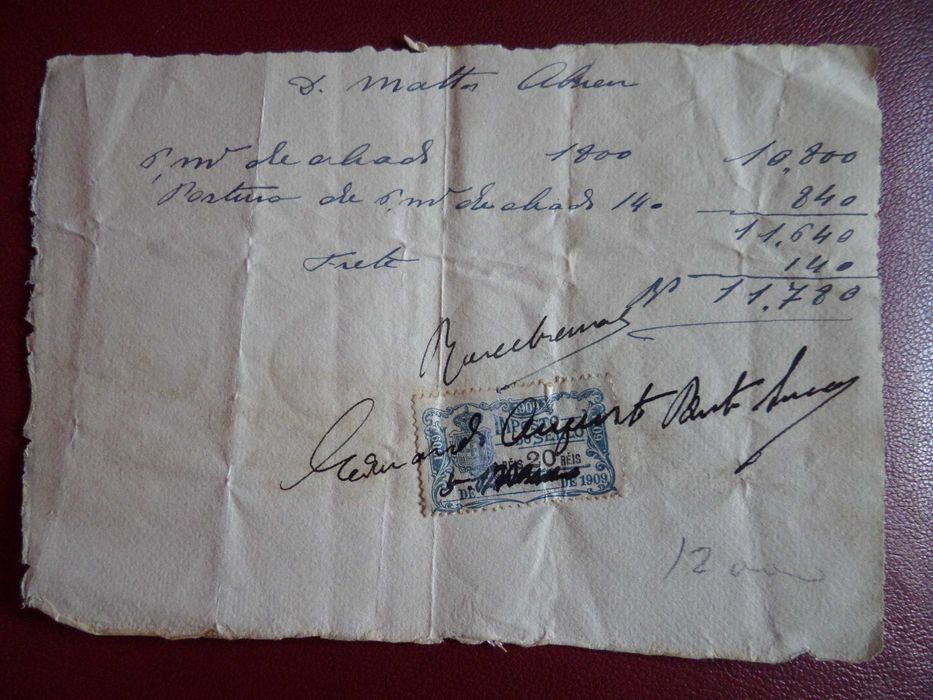 Documento  1909 :  Recibo Selado  20 Reis
