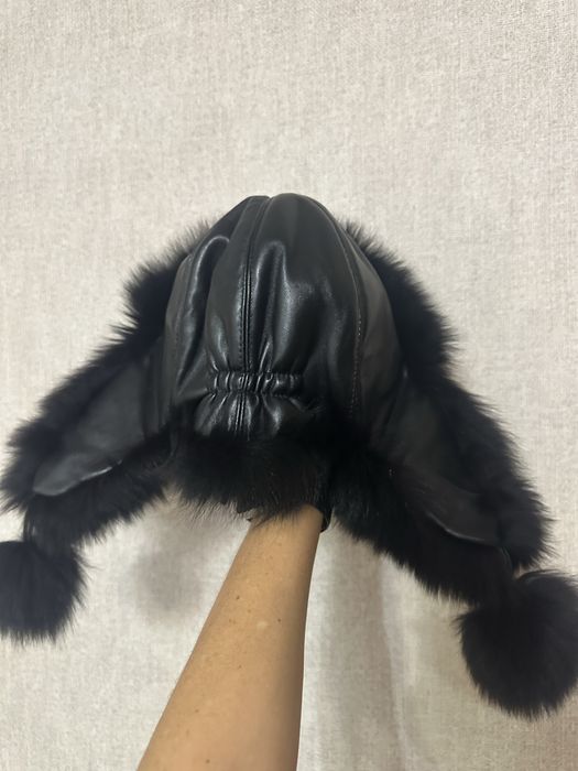 Шапка кожаная, песцовая натуральная/Шапка-парик (лиса)