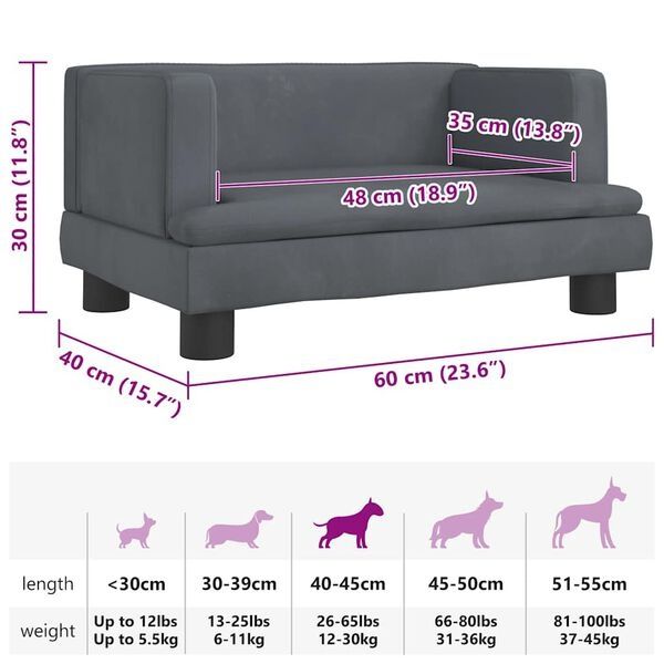VidaXL Cama para cães 60x40x30 cm veludo cinzento-escuro