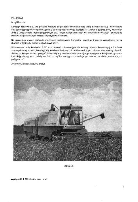 Instrukcja kombajnu Fortschritt E-512 przetłumaczona na język polski