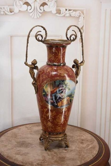 Porcelanowy Czerwony Wazon Waza - Aniołki Amory - Porcelana + Brąz