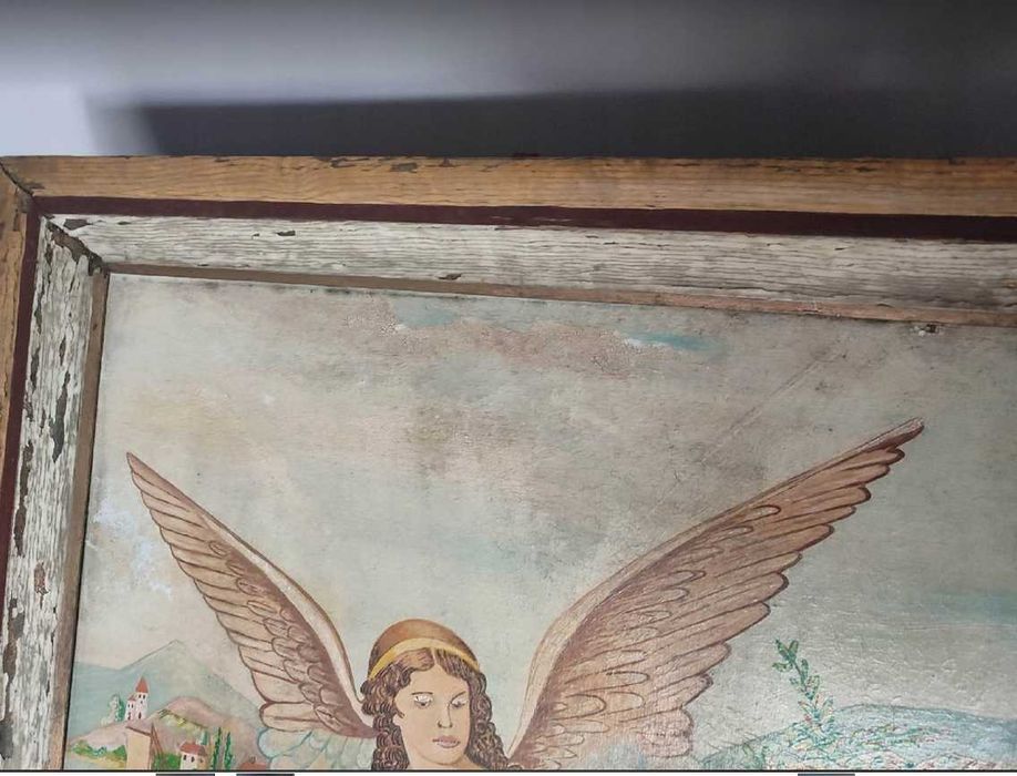 Art deco,obraz,olej,Anioł Stróż pilnuje dziecko