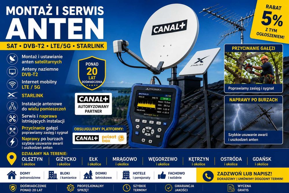 Montaż i ustawianie anten SAT / DVB-T2 / LTE / 5G / STARLINK – SZCZYTNO i okolice
