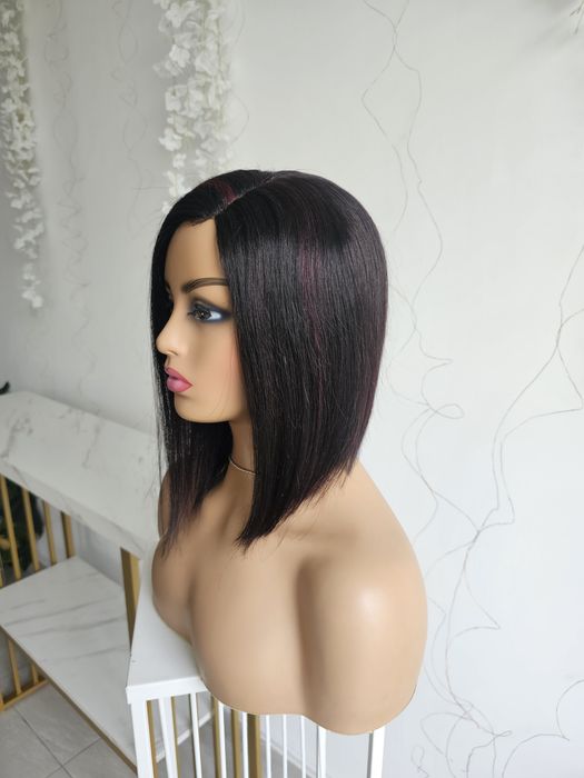 Peruka Anna long bob włosy naturalne kolor czarny bordo refleksy