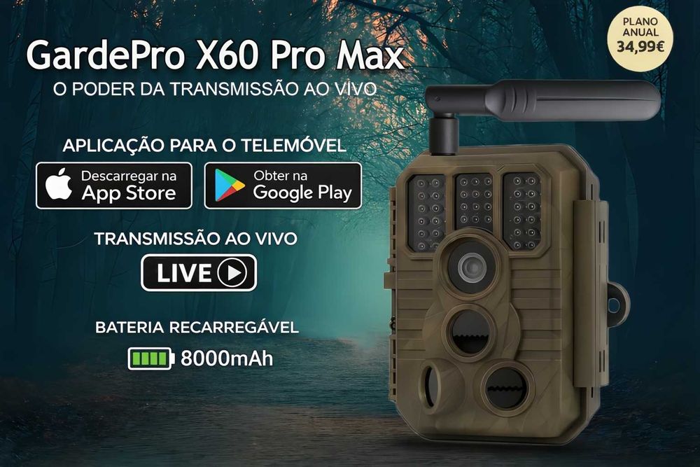 Câmera GardePro X60 Pro Max bateria aplicação transmissão em direto