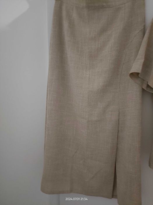 Piękny Komplet_ Beż/ Len_Spódnica Midi i Żakiet_40_Lux