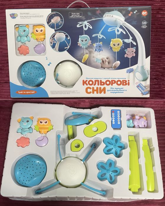 Музичний мобіль-карусель (на ліжечко) зоряний нічник-проектор «Кольорові сни» з пультом керування