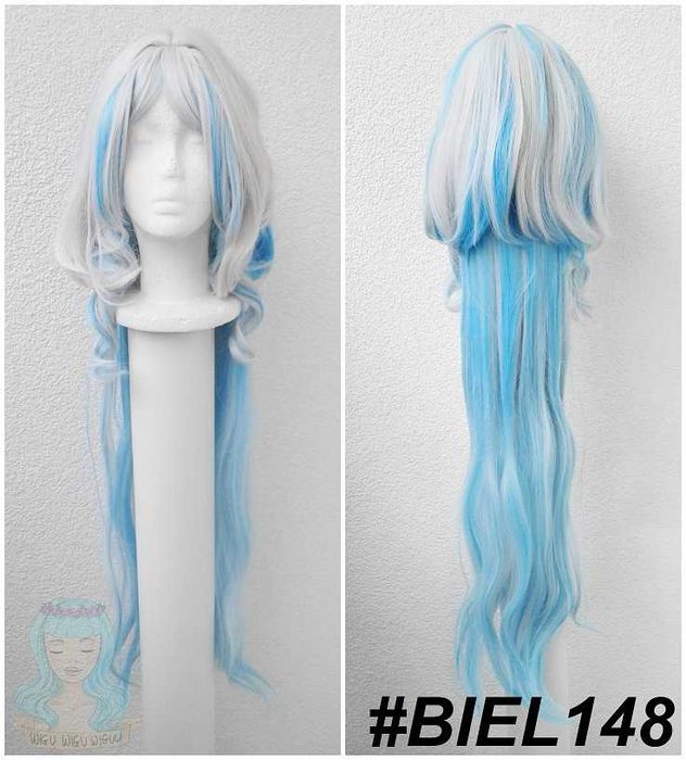 Furina Genshin Impact cosplay wig peruka długa szara błękitna biała