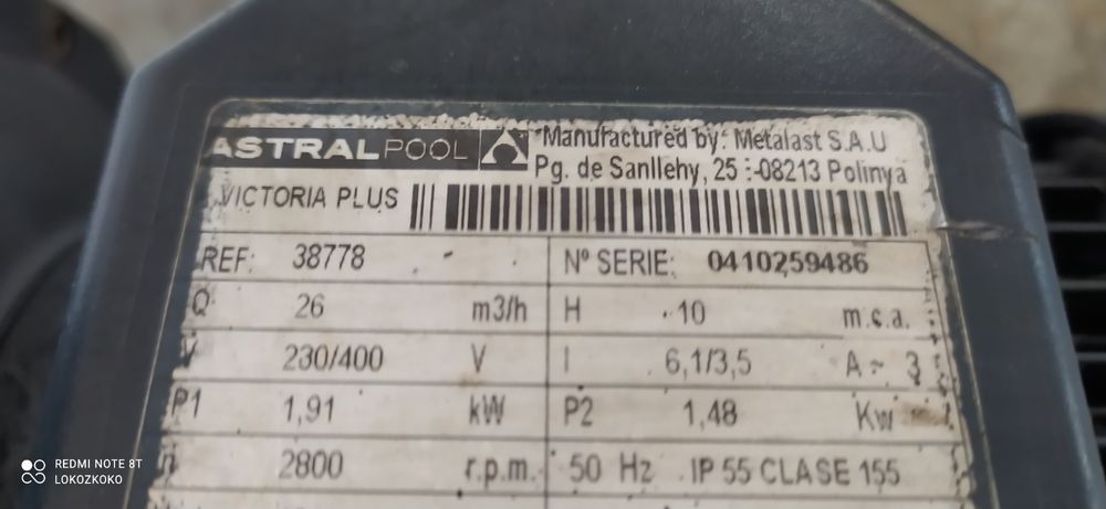 Duża pompa basenowa Astral VICTORIA PLUS Q=26m3/h Moc 1,48kW