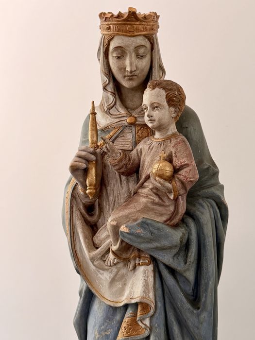 Wybitna XIXw Terakota Sakralna Maryja z Dzieciątkiem Unikat Muzealny Oryginalna Polichromia Gesso Duża Ciężka Rzeźba Francja Nadrenia  ok1880r Madonna
