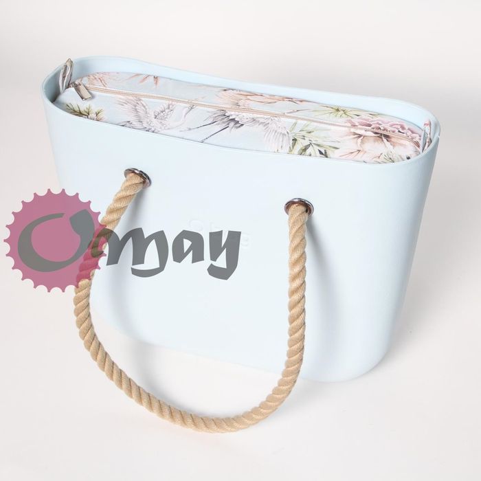 Beżowy organizer do OBAG STANDARD +OPASKA kwiaty błękit żurawie OMAY