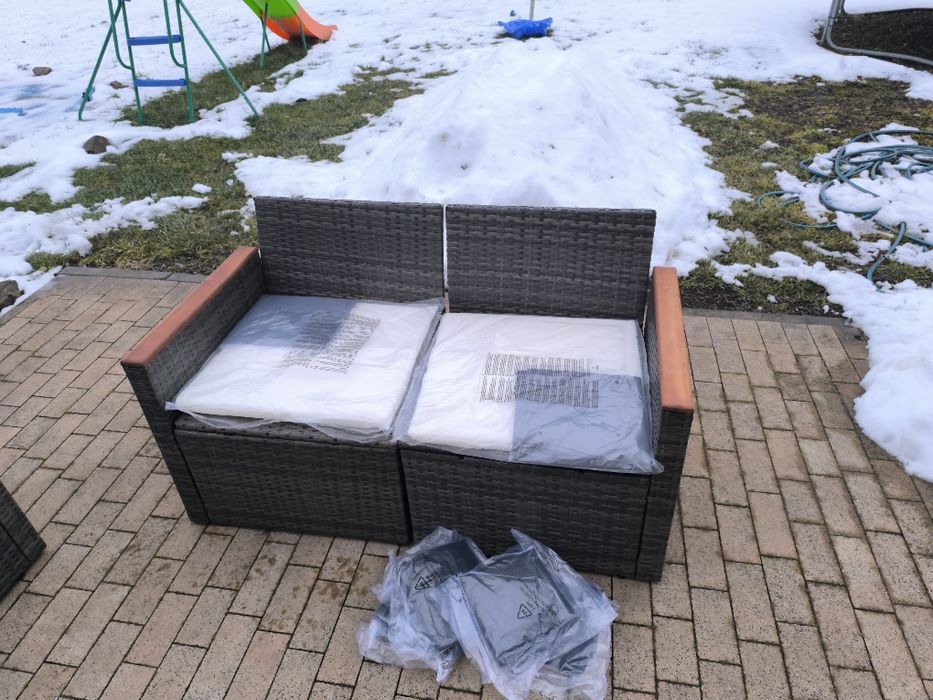 Nowe 2 sofy ogrodowe kanapy fotele modułowe z poduszkami rattan stolik