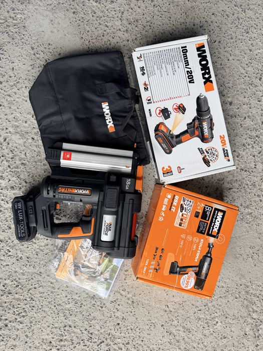 Акумуляторний набір WORX 20V нейлер + шуруповерт + пароочисник.