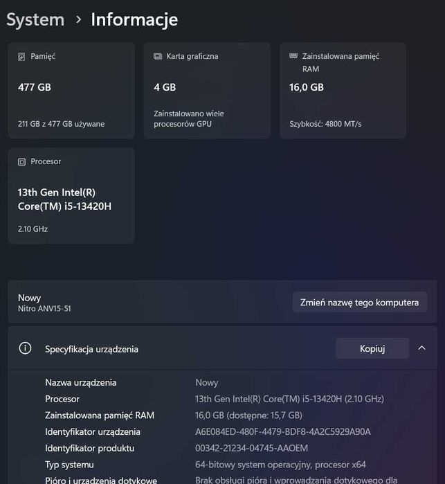 Acer Nitro V 15 15,6" 144Hz i5 16GB RAM 512GB Dysk SSD RTX2050 Win11H