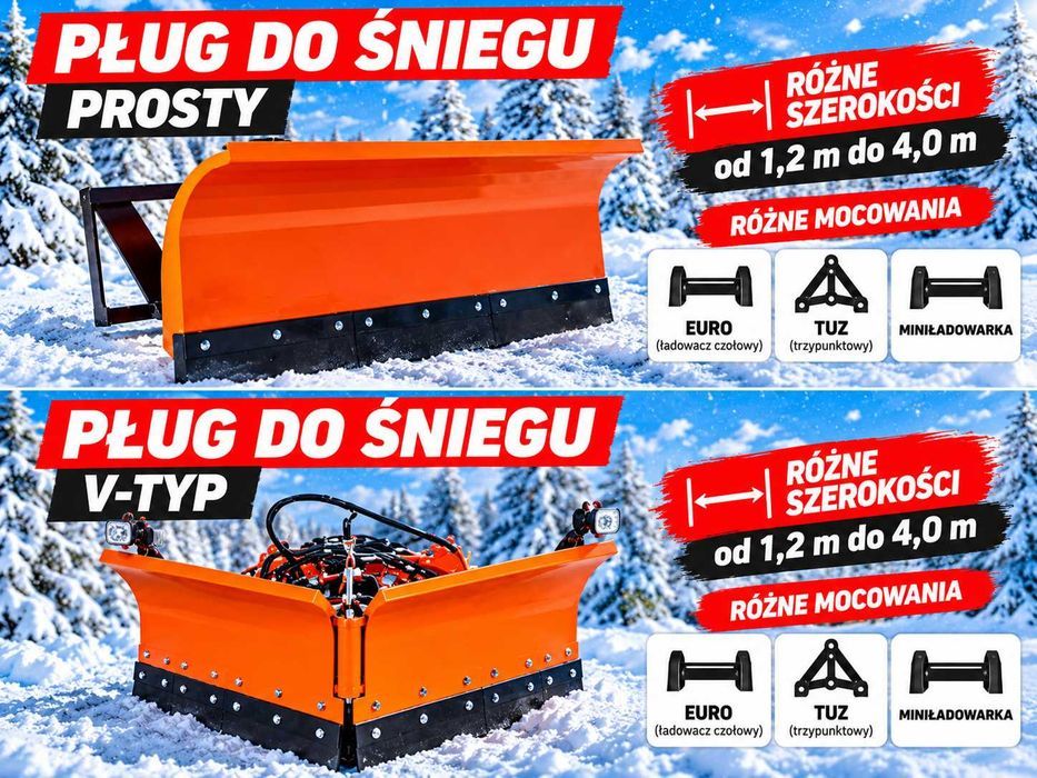 Pługi do śniegu Proste Składane STRZAŁKA 1,2–4,0 m | TUZ EURO | Hydrauliczne | Dostawa cała Polska | Gwarancja