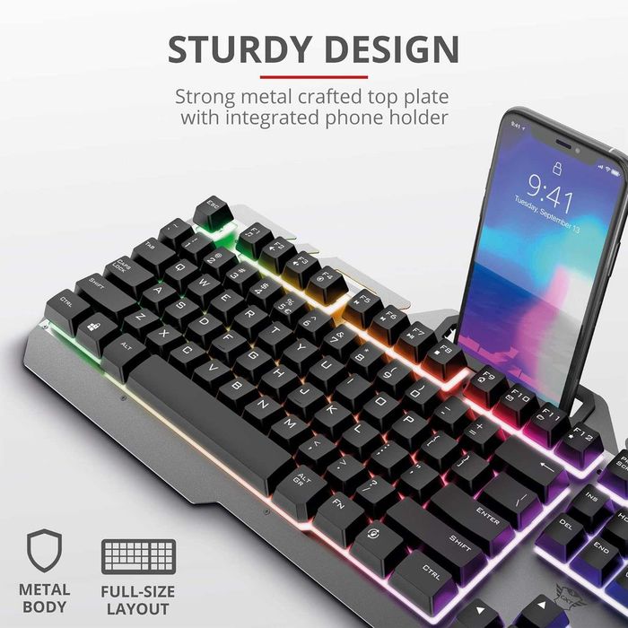 Trust ESCA GXT 853 metalowa klawiatura RGB dla graczy LED PC + stojak