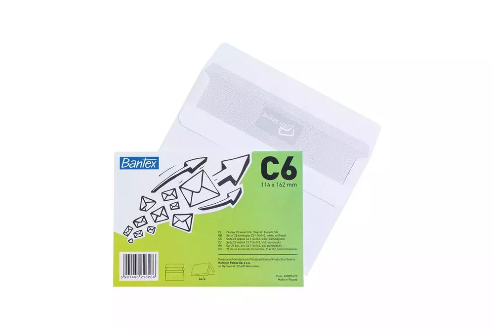 Koperta Bantex C6 Sk, Biała, 25 szt.. Nowy Produkt