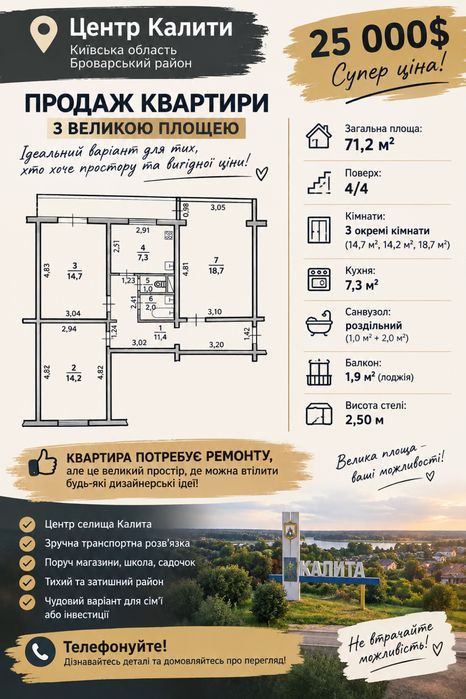 Продаж 3кімнатна квартра Калита ЦЕНТР
