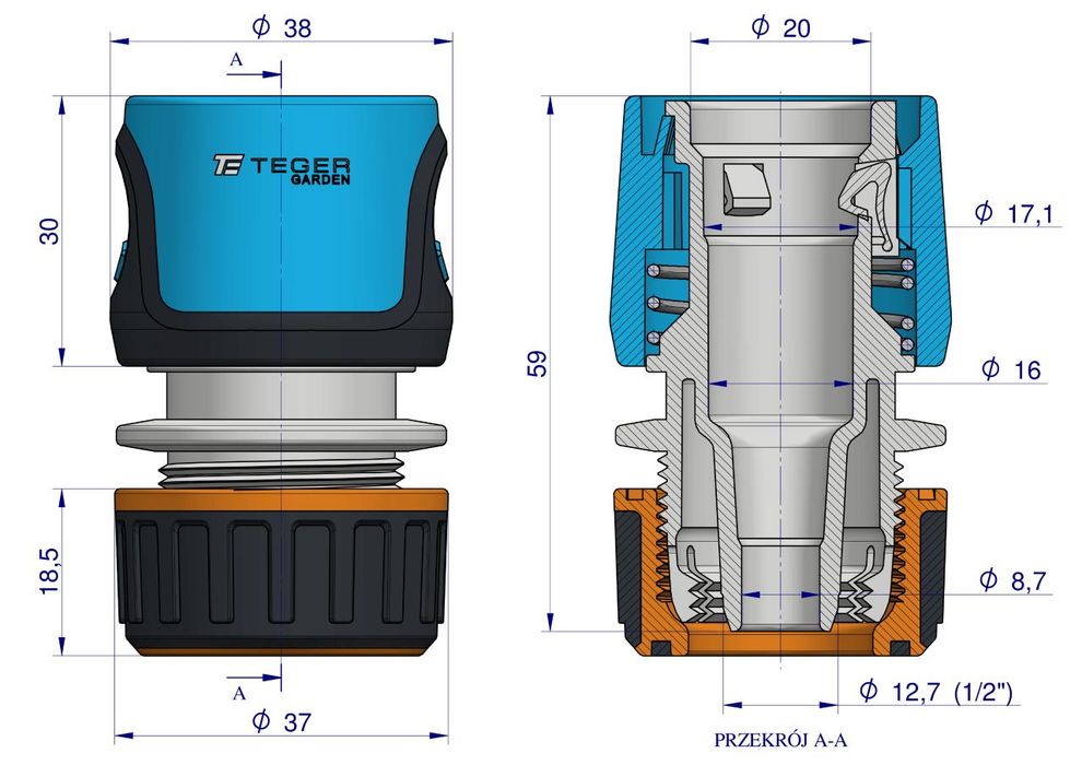 Szybkozłączka 1/2" do węża ogrodowego - bez waterstop / TEGER Solidna