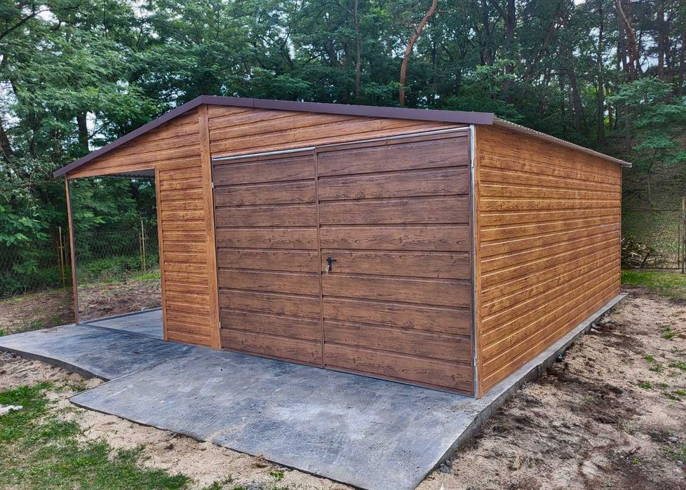 Garaż Blaszany drewnopodobny 4×5 + 2×5 wiata na słupkach PREMIUM