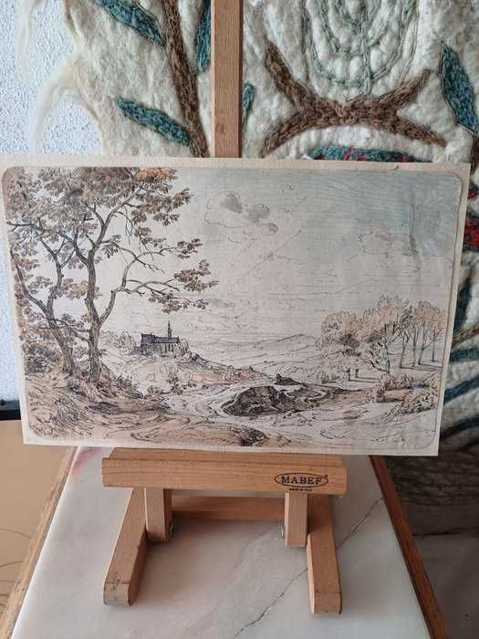 Desenho a pena de August Geist (1858) - Paisagem campestre com igreja