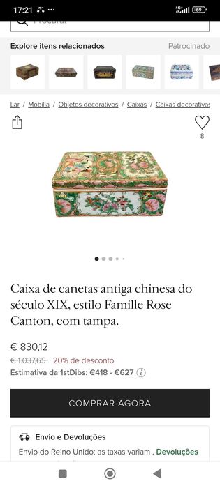 Caixa Canetas Porcelana da China Mandarim Chinesa Séc XIX 21 cm