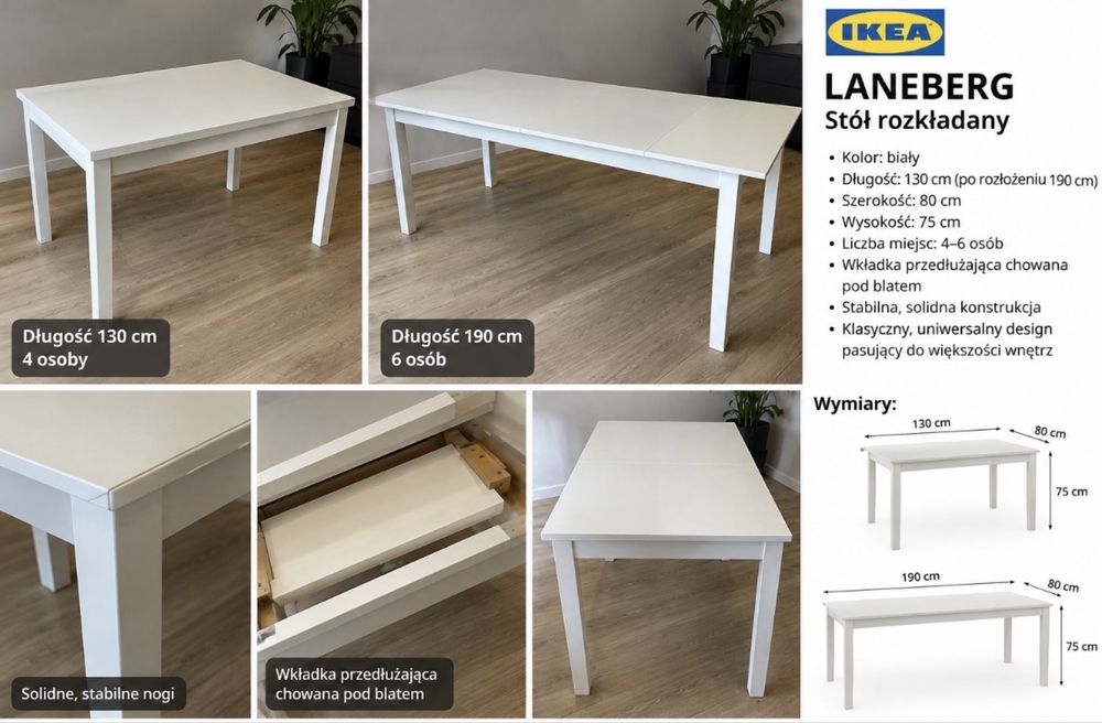 Stół rozkładany IKEA LANEBERG – biały