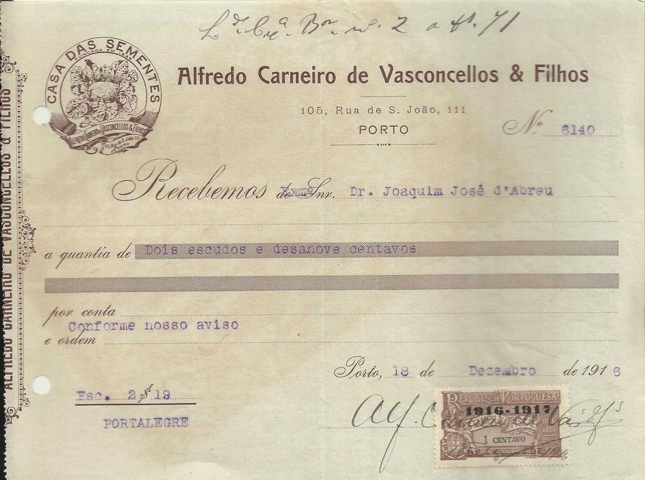 Recibo antigo - 1916 - CASA DAS SEMENTES - selo fiscal