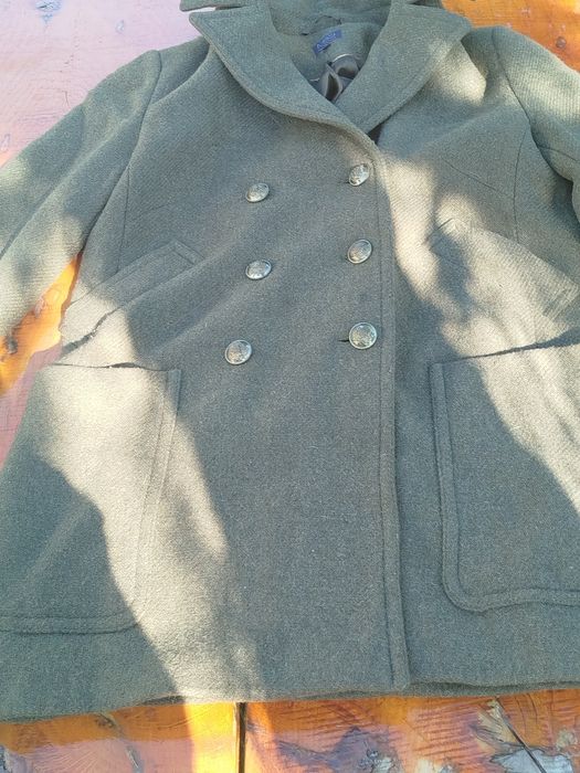 Zielony khaki krótki płaszcz dwurzędowy z wełną M&S L 40